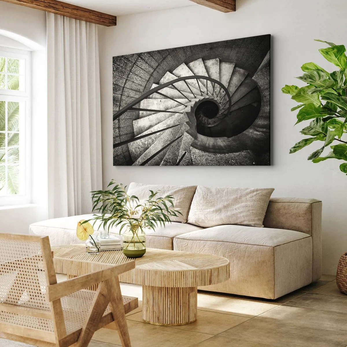 Cuadro sobre lienzo - Impresión de Imagen - Escalera de caracol en blanco y negro de estilo moderno. - 70x50cm - Escaleras arriba, escaleras abajo - Decoración de pared moderna para salón y dormitorio ARTTOR