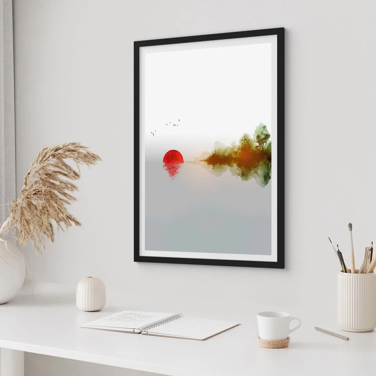 Póster en marco negro - Un paisaje minimalista con un sol rojo y un lago. - 50x70cm - Una promesa de paz - Decoración de pared moderna para salón y dormitorio ARTTOR