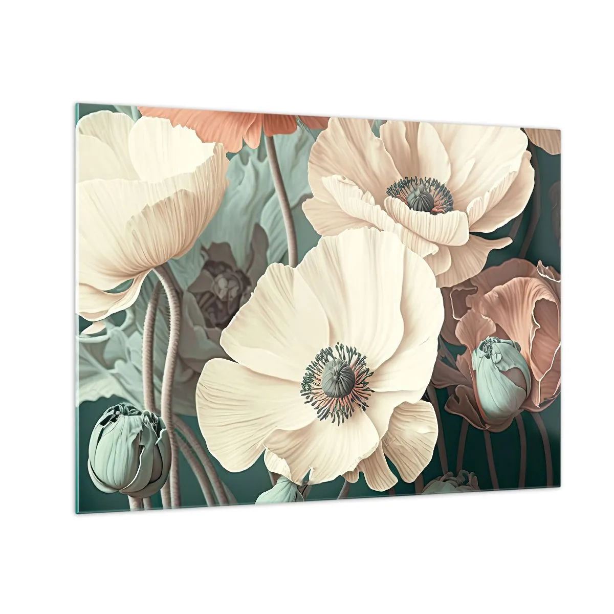 Cuadro sobre vidrio - Impresiones sobre Vidrio - Delicadas amapolas color crema y salmón sobre un fondo oscuro. - 70x50cm - Susurro de amapolas - Decoración de pared moderna para salón y dormitorio ARTTOR