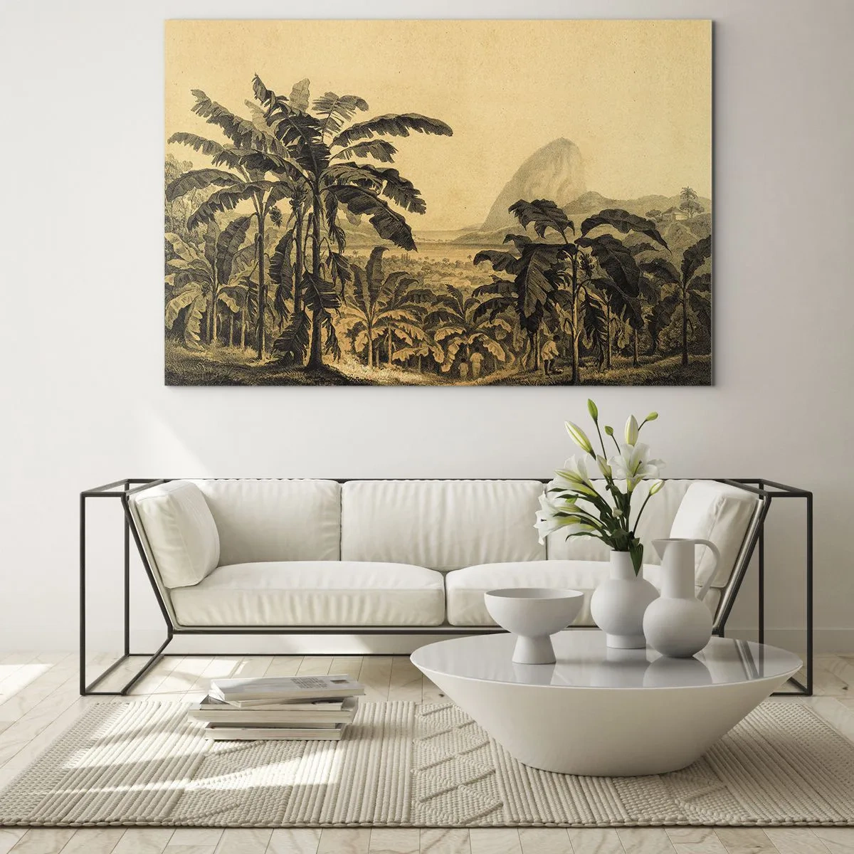 Cuadro sobre vidrio - Impresiones sobre Vidrio - Una ilustración vintage de una plantación de plátanos con una montaña lejana al fondo. - 70x50cm - En un ambiente colonial - Decoración de pared moderna para salón y dormitorio ARTTOR