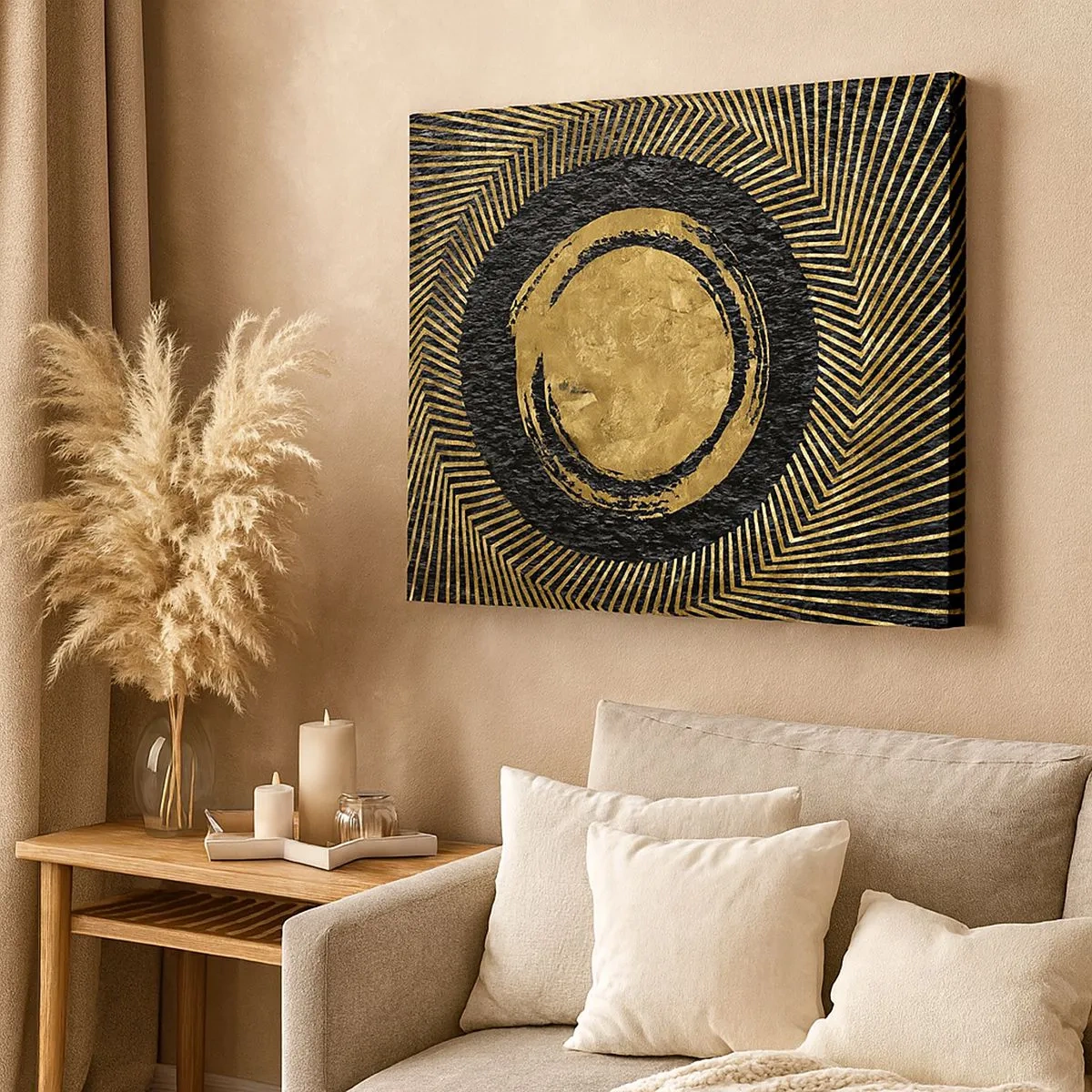 Cuadro sobre lienzo - Impresión de Imagen - Composición geométrica en negro y dorado con rayos. - 70x50cm - Composición glamour - Decoración de pared moderna para salón y dormitorio ARTTOR