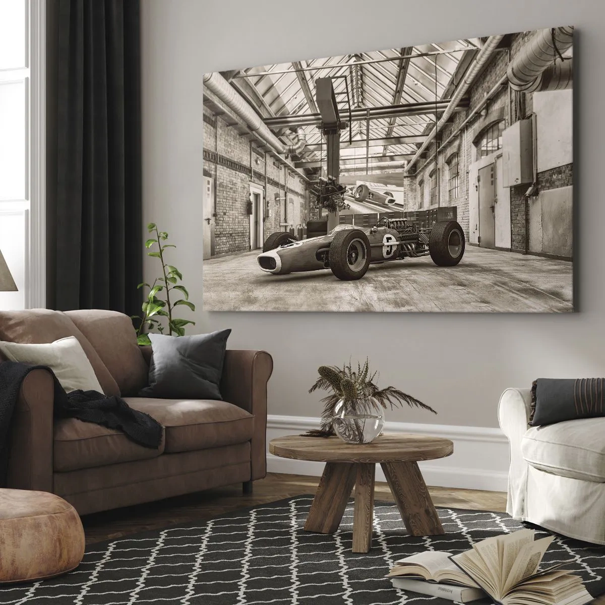 Cuadro sobre lienzo - Impresión de Imagen - Coche de carreras en blanco y negro en un interior industrial. - 70x50cm - El descanso del vencedor - Decoración de pared moderna para salón y dormitorio ARTTOR