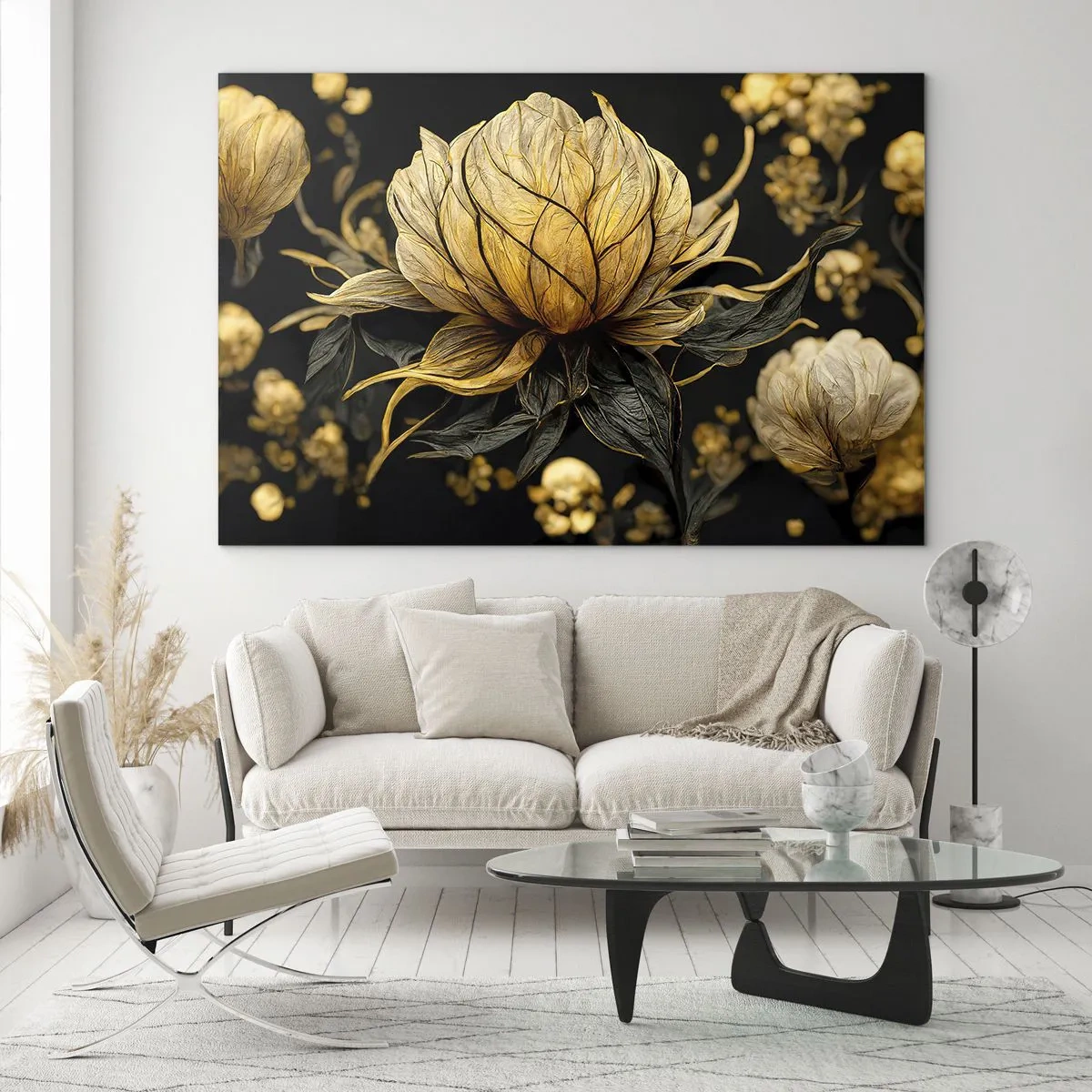 Cuadro sobre vidrio - Impresiones sobre Vidrio - Flores doradas sobre fondo negro en una elegante composición. - 70x50cm - Sutil fragilidad - Decoración de pared moderna para salón y dormitorio ARTTOR