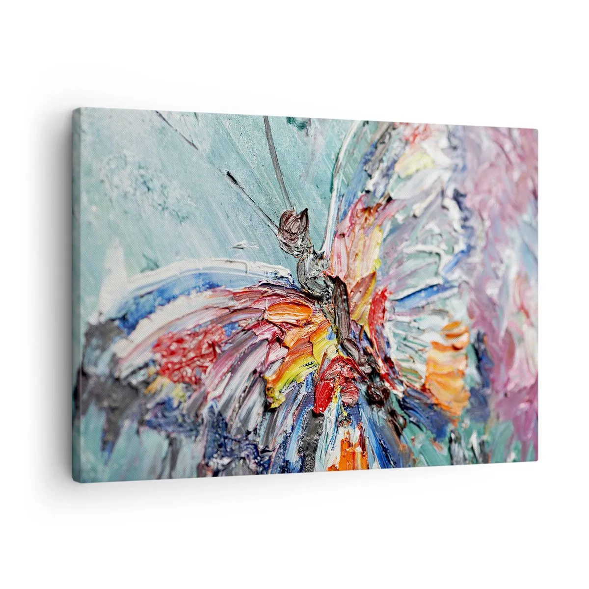 Cuadro sobre lienzo - Impresión de Imagen - Mariposa de empasto colorida sobre un fondo pastel - 70x50cm - Pintado por la naturaleza - Decoración de pared moderna para salón y dormitorio ARTTOR