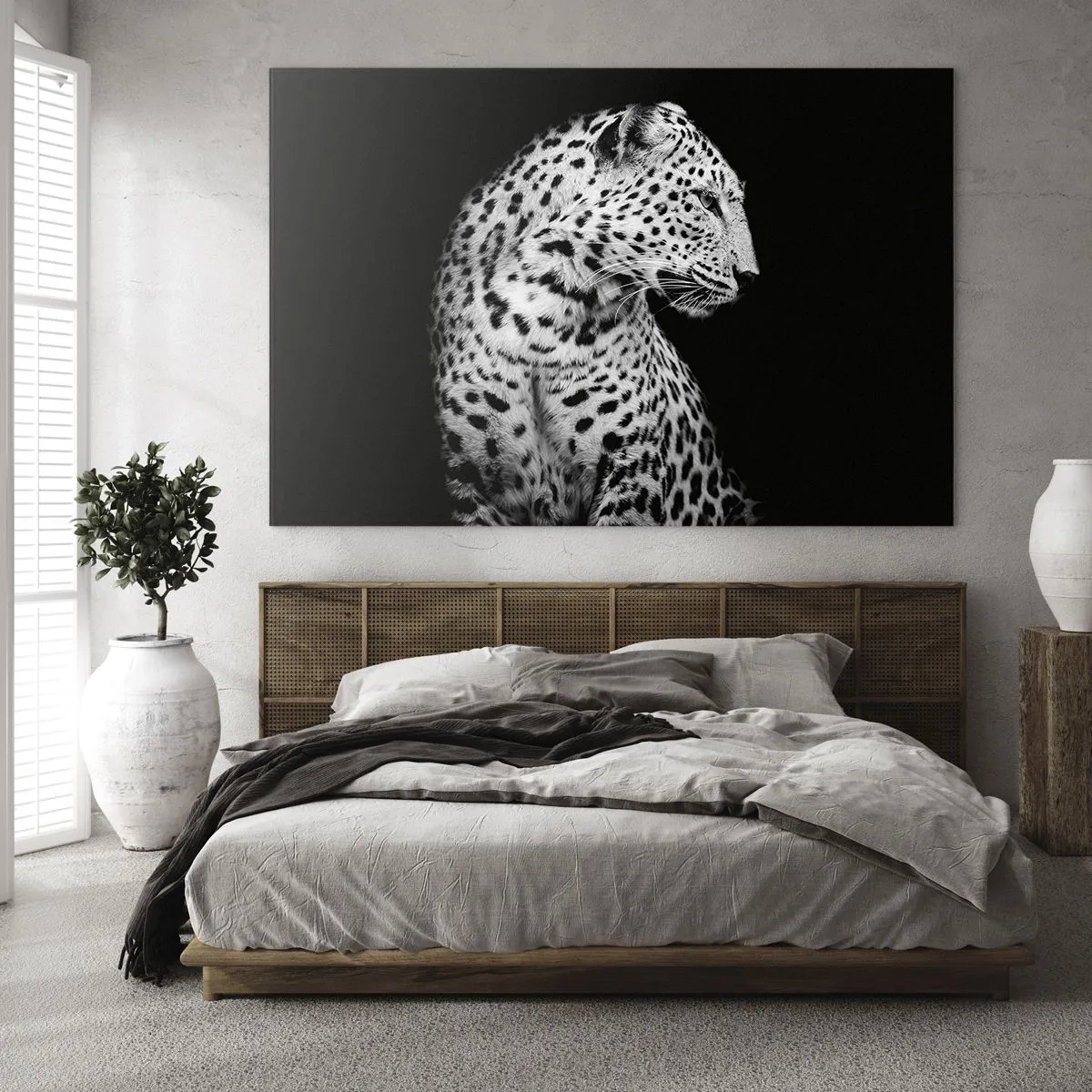 Cuadro sobre vidrio - Impresiones sobre Vidrio - Un leopardo con luz blanca y negra contra una ventana. - 70x50cm - El perfil derecho es perfecto - Decoración de pared moderna para salón y dormitorio ARTTOR