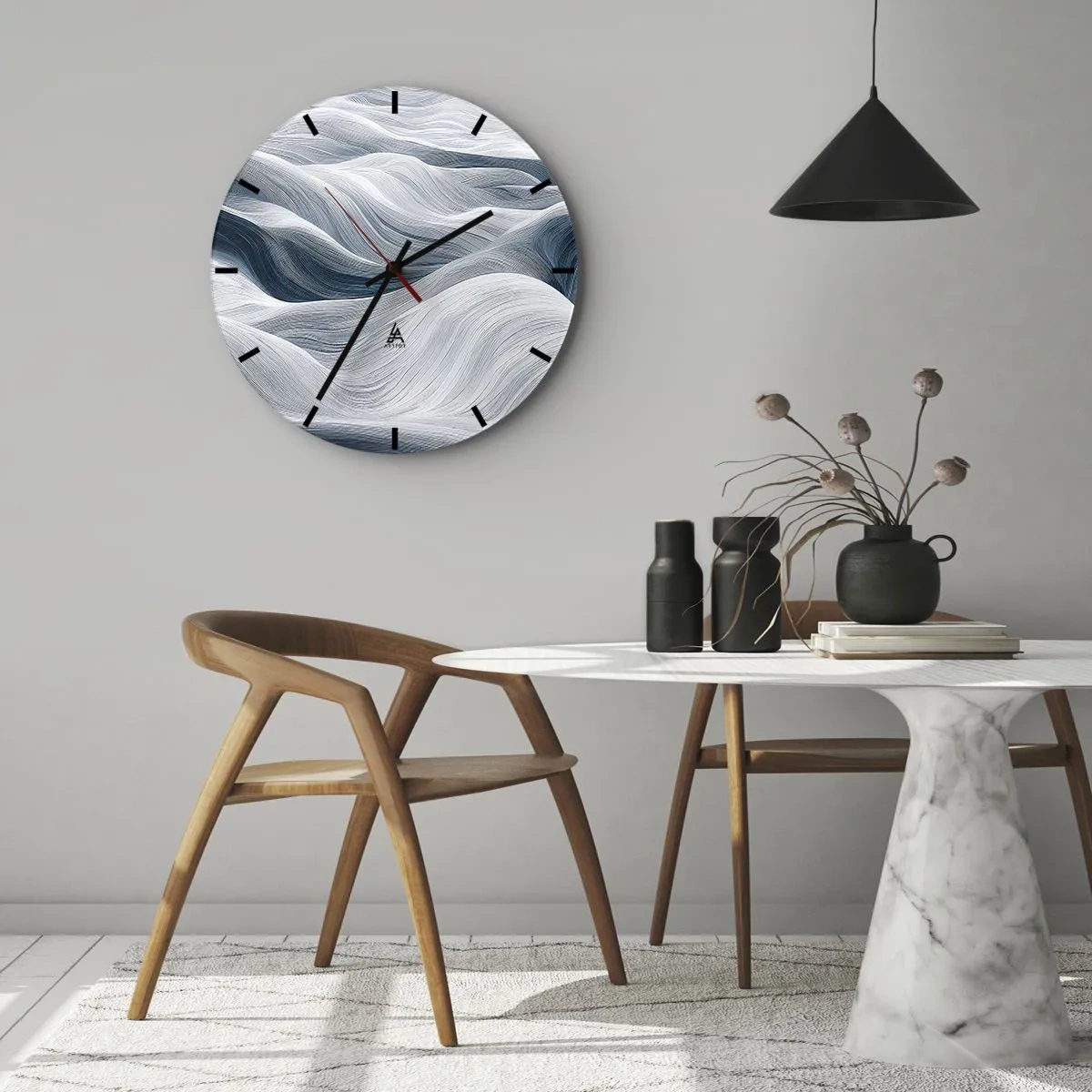 Reloj de pared - Reloj de vidrio - Líneas gráficas onduladas en tonos blancos y azules. - 30x30cm - Olas blancas y azules - Decoración de pared moderna para salón, cocina y dormitorio ARTTOR