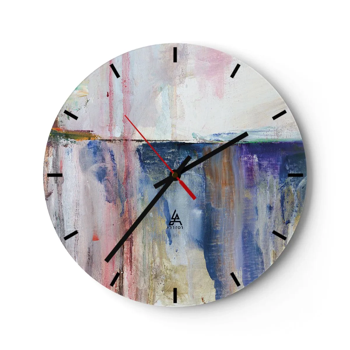 Reloj de pared - Reloj de vidrio - Una composición pictórica con toques de color en tonos azul y rosa. - 30x30cm - Impresiones y asociaciones de colores - Decoración de pared moderna para salón, cocina y dormitorio ARTTOR