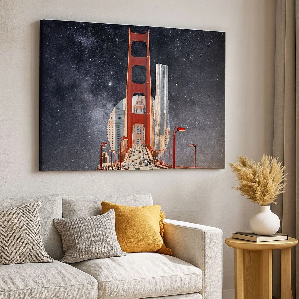 Cuadro sobre lienzo - Impresión de Imagen - El puente Golden Gate con la ciudad al fondo contra un cielo estrellado - 70x50cm - Siempre en el centro - Decoración de pared moderna para salón y dormitorio ARTTOR