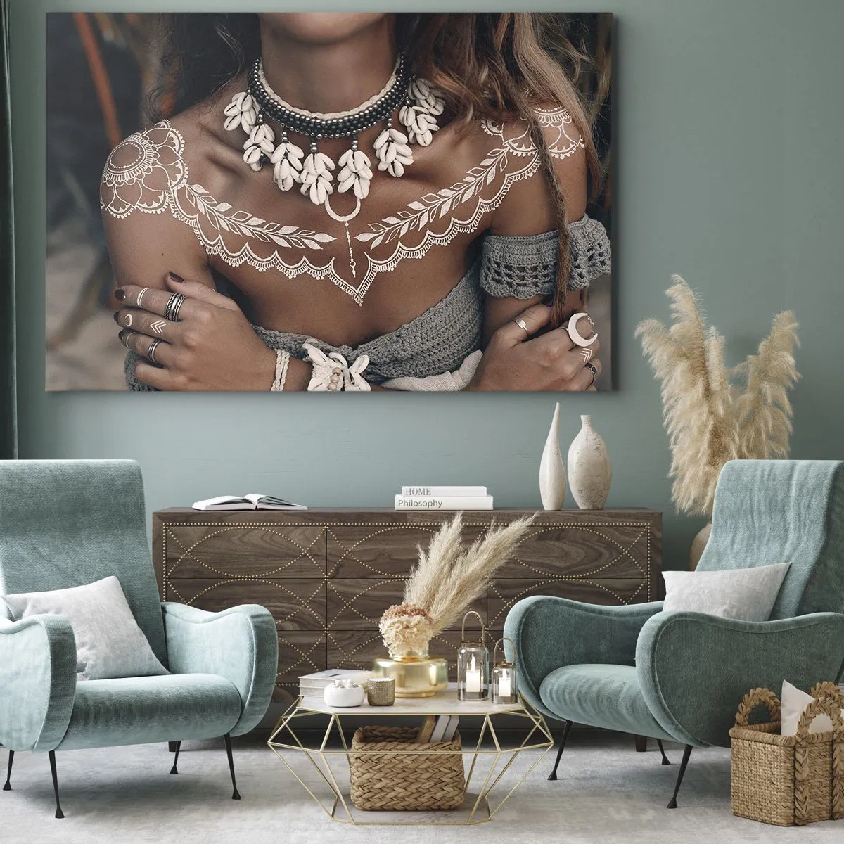 Cuadro sobre lienzo - Impresión de Imagen - Estilo boho con joyas de conchas y patrón de encaje. - 70x50cm - Talismanes, rituales de feminidad - Decoración de pared moderna para salón y dormitorio ARTTOR