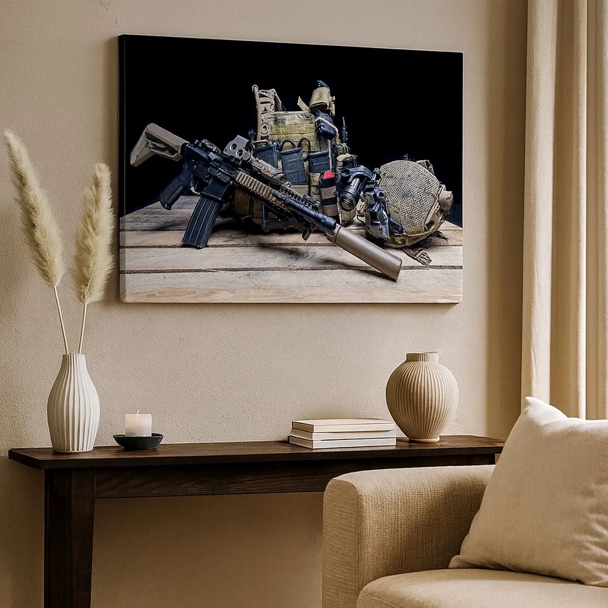 Cuadro sobre lienzo - Impresión de Imagen - Equipo táctico con un rifle sobre una mesa de madera. - 70x50cm - ¡Descansen! - Decoración de pared moderna para salón y dormitorio ARTTOR