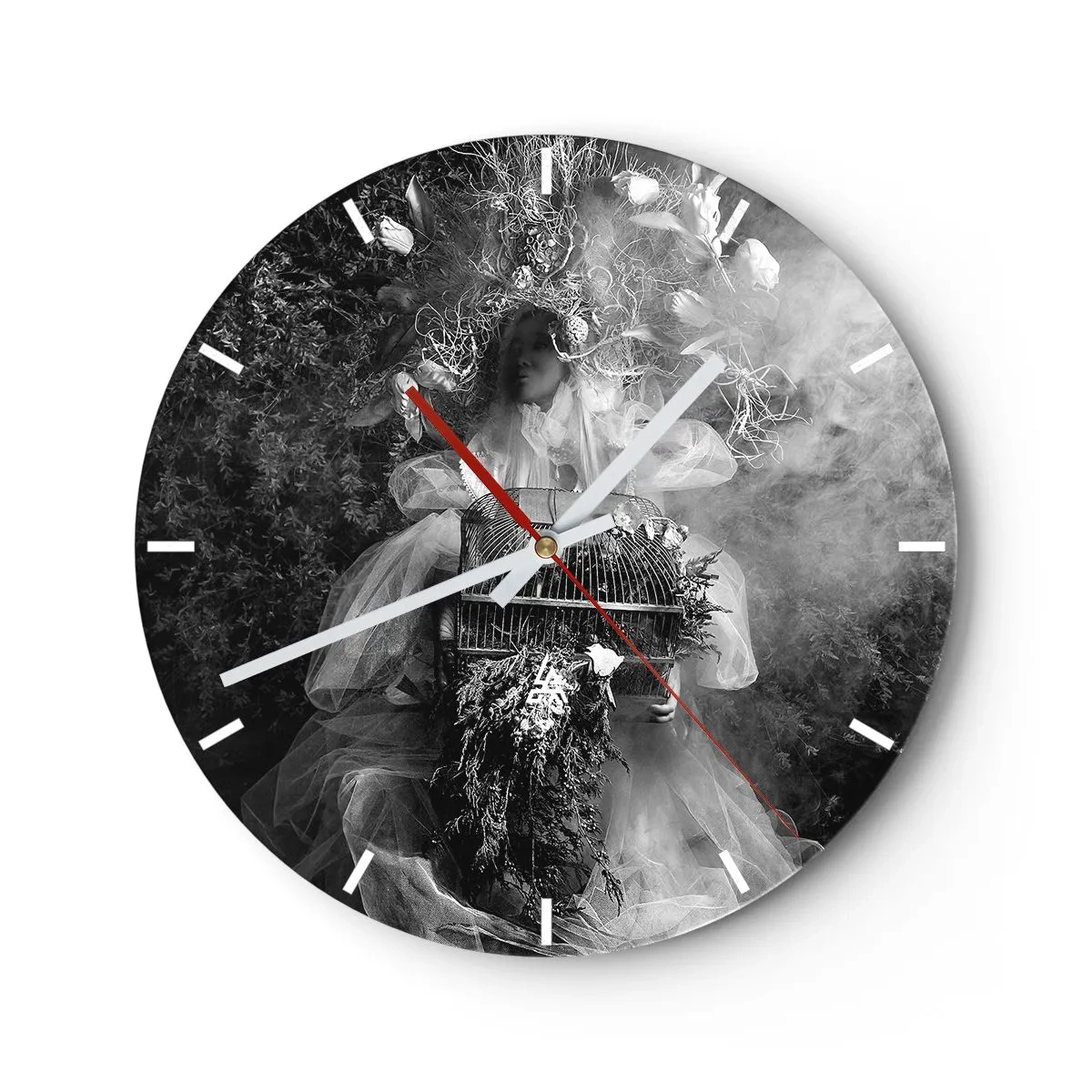 Reloj de pared - Reloj de vidrio - Figura artística con jaula y composición floral en el humo. - 30x30cm - La madre misma - La naturaleza - Decoración de pared moderna para salón, cocina y dormitorio ARTTOR