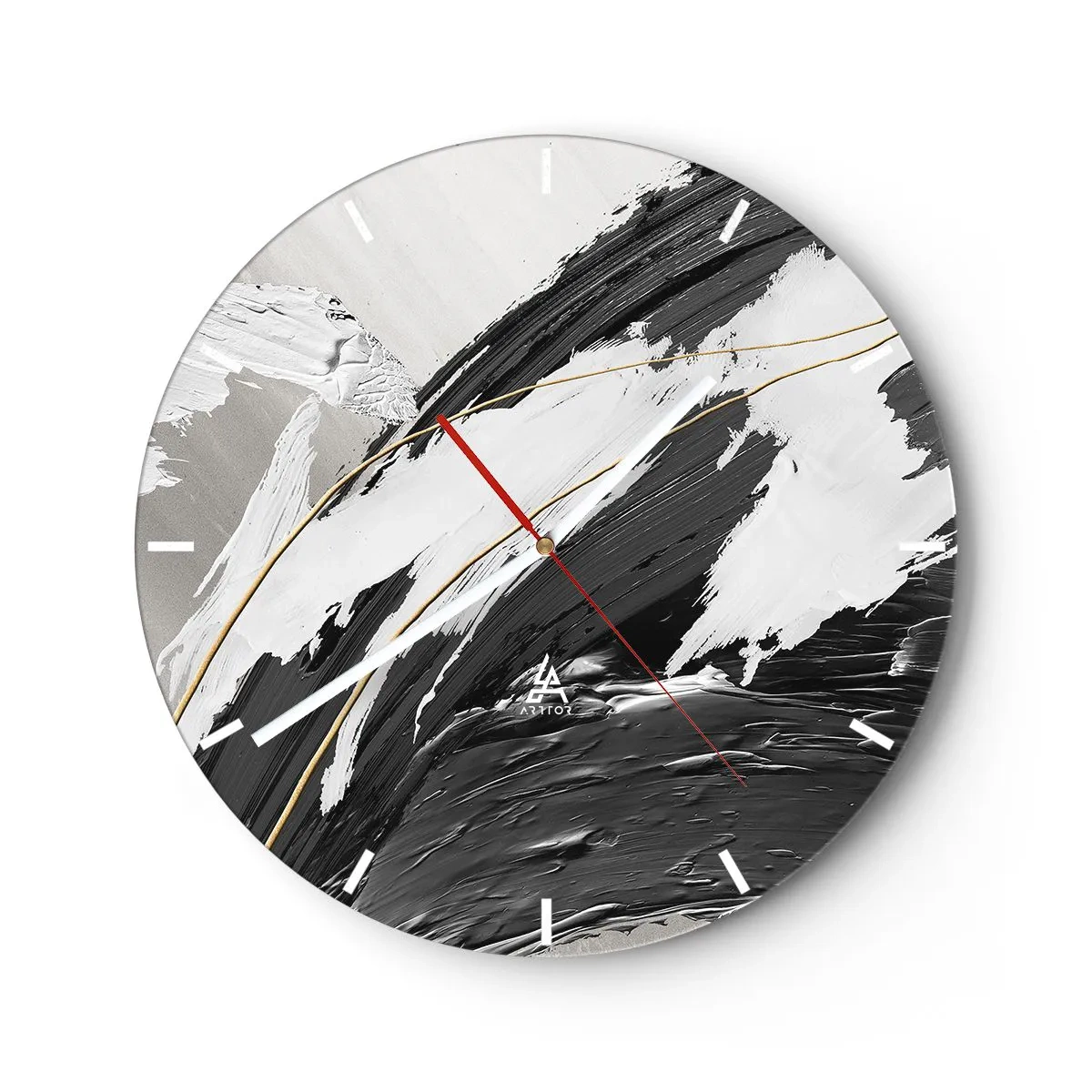 Reloj de pared - Reloj de vidrio - Pinceladas dinámicas en blanco, negro y gris. - 30x30cm - Abstracción con estilo - Decoración de pared moderna para salón, cocina y dormitorio ARTTOR