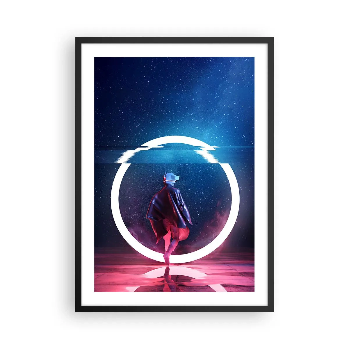 Póster en marco negro - Una figura con un traje futurista y gafas de realidad virtual sobre el fondo de un círculo de luz. - 50x70cm - Entre mundos - Decoración de pared moderna para salón y dormitorio ARTTOR