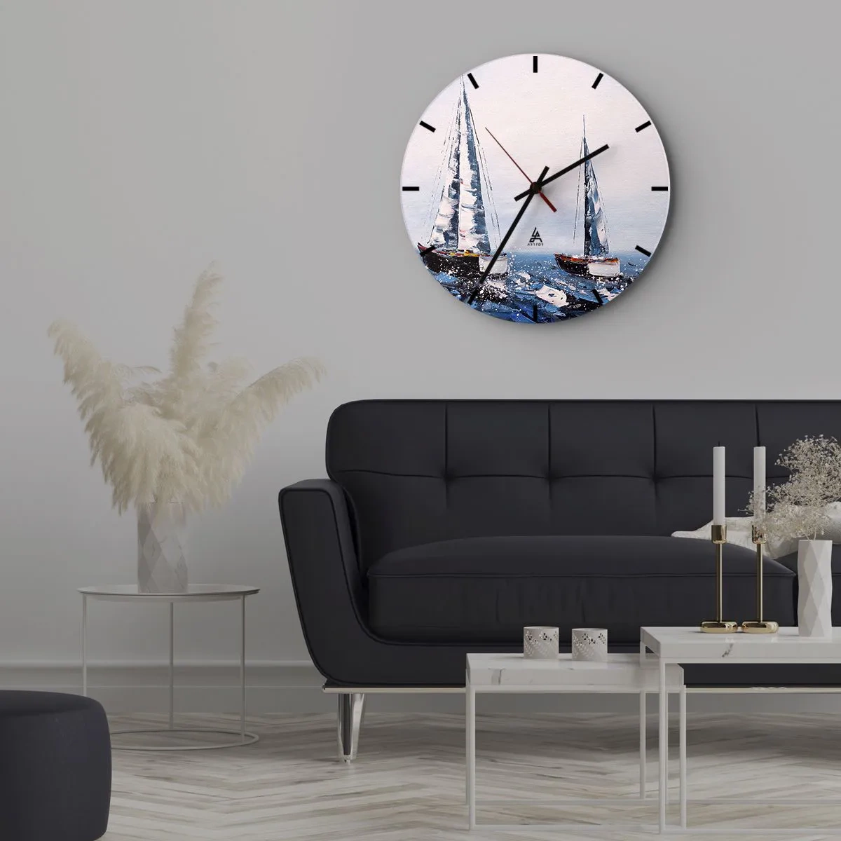 Reloj de pared - Reloj de vidrio - Dos veleros en un mar tempestuoso en estilo pictórico. - 30x30cm - Hermandad del viento - Decoración de pared moderna para salón, cocina y dormitorio ARTTOR