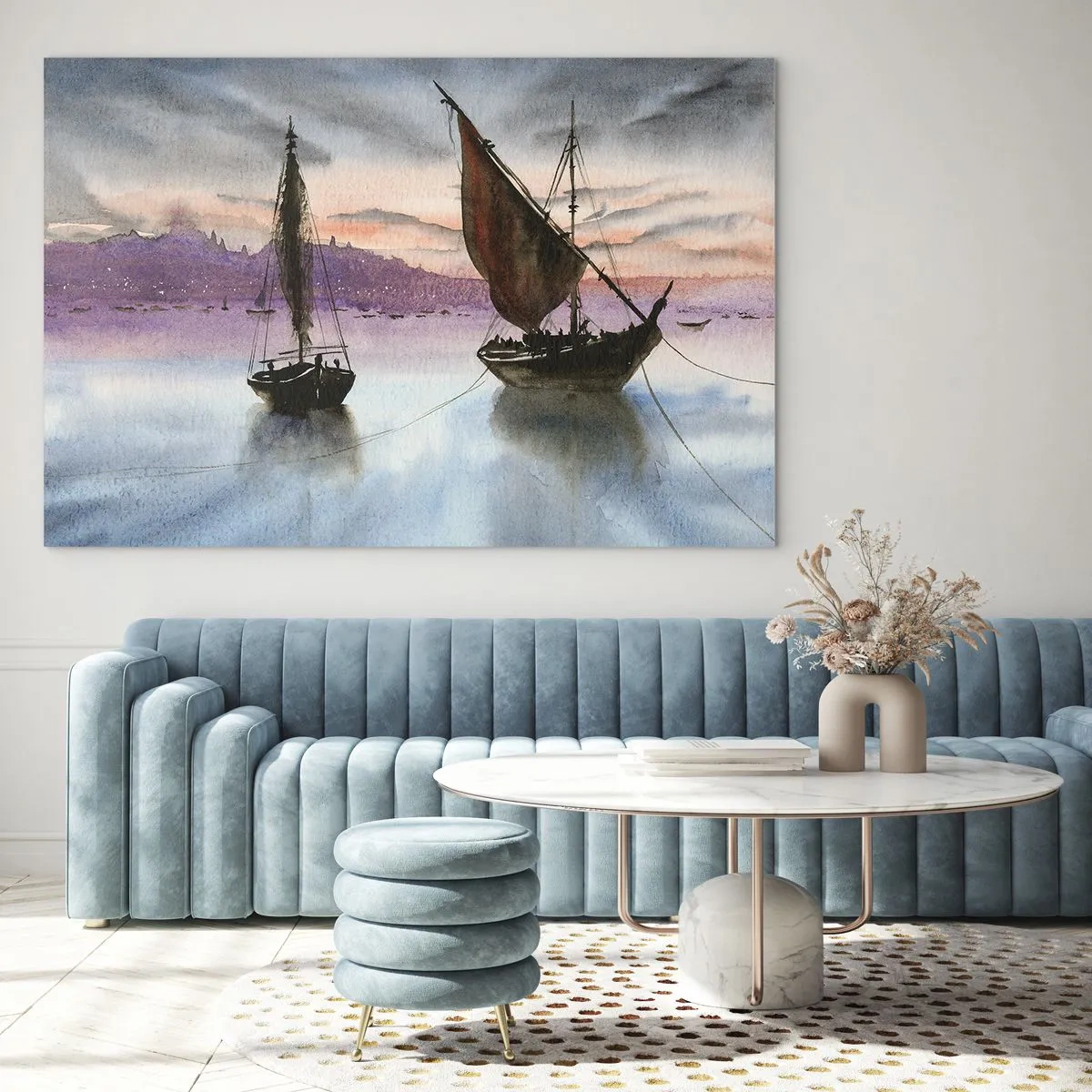 Cuadro sobre vidrio - Impresiones sobre Vidrio - Dos veleros en aguas tranquilas al atardecer - 70x50cm - Atardecer en el puerto - Decoración de pared moderna para salón y dormitorio ARTTOR