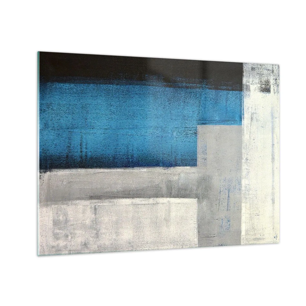 Cuadro sobre vidrio - Impresiones sobre Vidrio - Abstracción geométrica en azul, gris y blanco. - 70x50cm - Composición poética de gris y azul - Decoración de pared moderna para salón y dormitorio ARTTOR