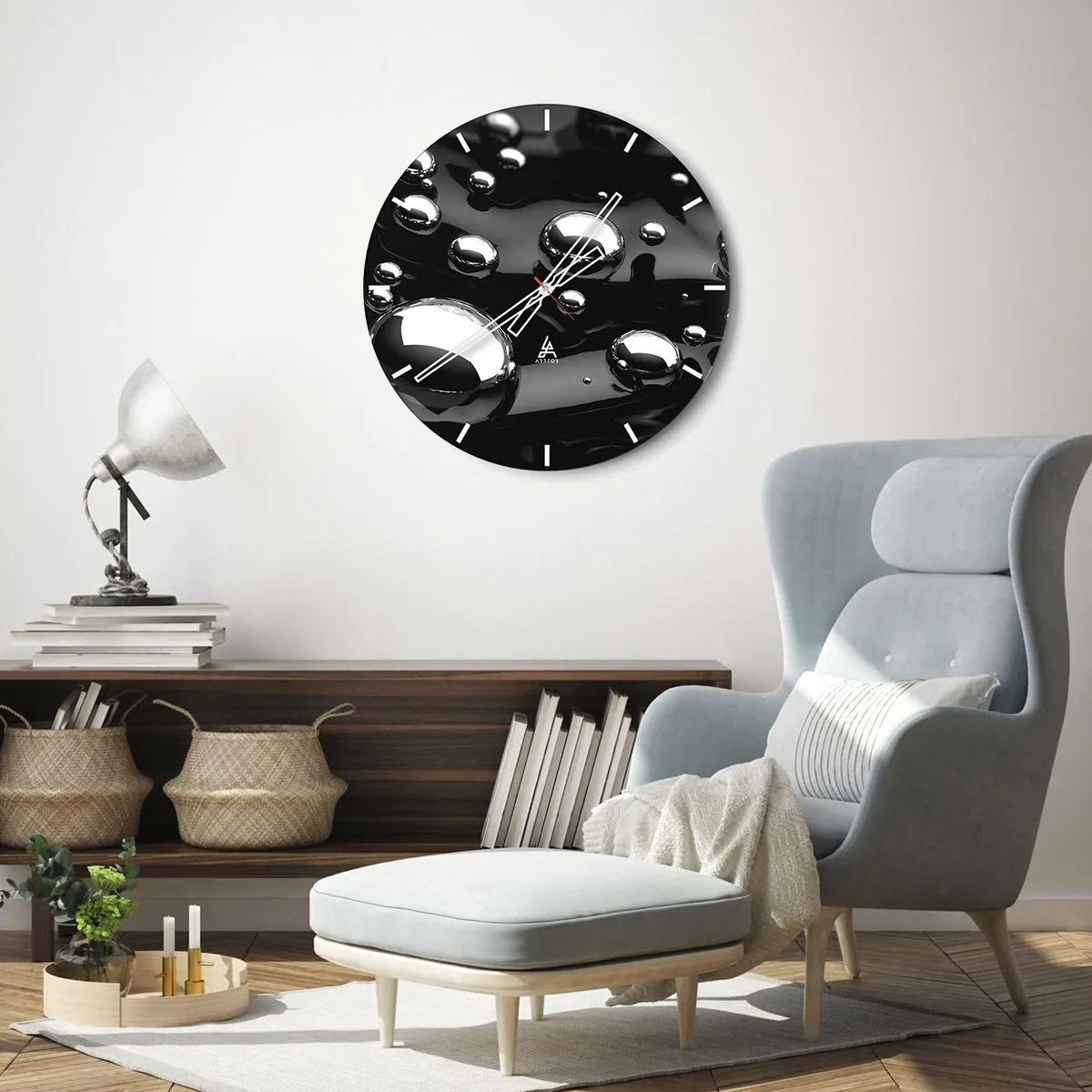 Reloj de pared - Reloj de vidrio - Fondo negro con gotas de agua brillantes. - 30x30cm - De las negras profundidades - Decoración de pared moderna para salón, cocina y dormitorio ARTTOR