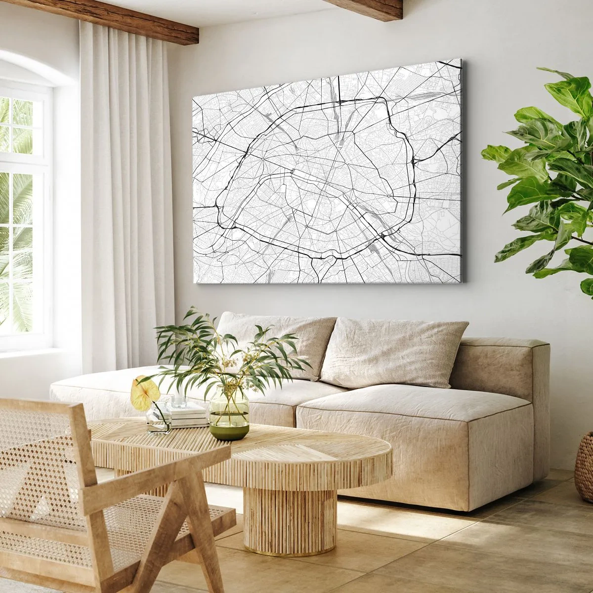Cuadro sobre lienzo - Impresión de Imagen - Mapa minimalista de la ciudad en blanco y negro - 70x50cm - Flor de París - Decoración de pared moderna para salón y dormitorio ARTTOR