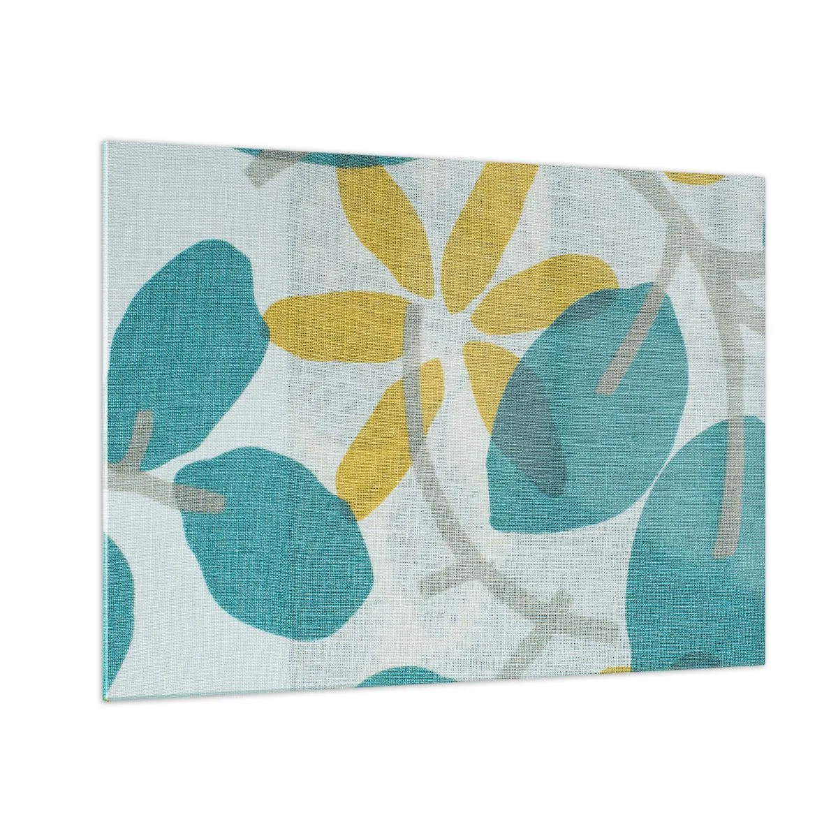 Cuadro sobre vidrio - Impresiones sobre Vidrio - Un gráfico de planta con hojas azules y flores amarillas. - 70x50cm - Entre hojas azules - Decoración de pared moderna para salón y dormitorio ARTTOR