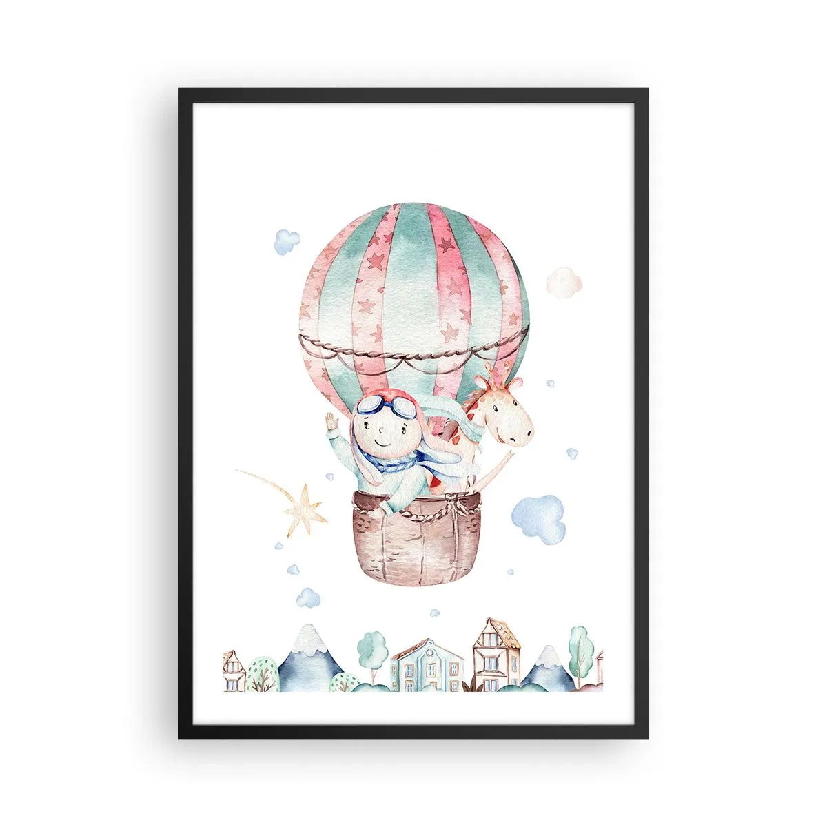Póster en marco negro - Una linda ilustración de un oso de peluche volando en un globo sobre una ciudad. - 50x70cm - Volveremos pronto - Decoración de pared moderna para salón y dormitorio ARTTOR