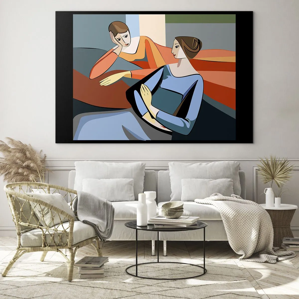 Cuadro sobre vidrio - Impresiones sobre Vidrio - Una escena geométrica de una conversación entre dos mujeres con el telón de fondo de un interior. - 70x50cm - Un momento de confidencias - Decoración de pared moderna para salón y dormitorio ARTTOR