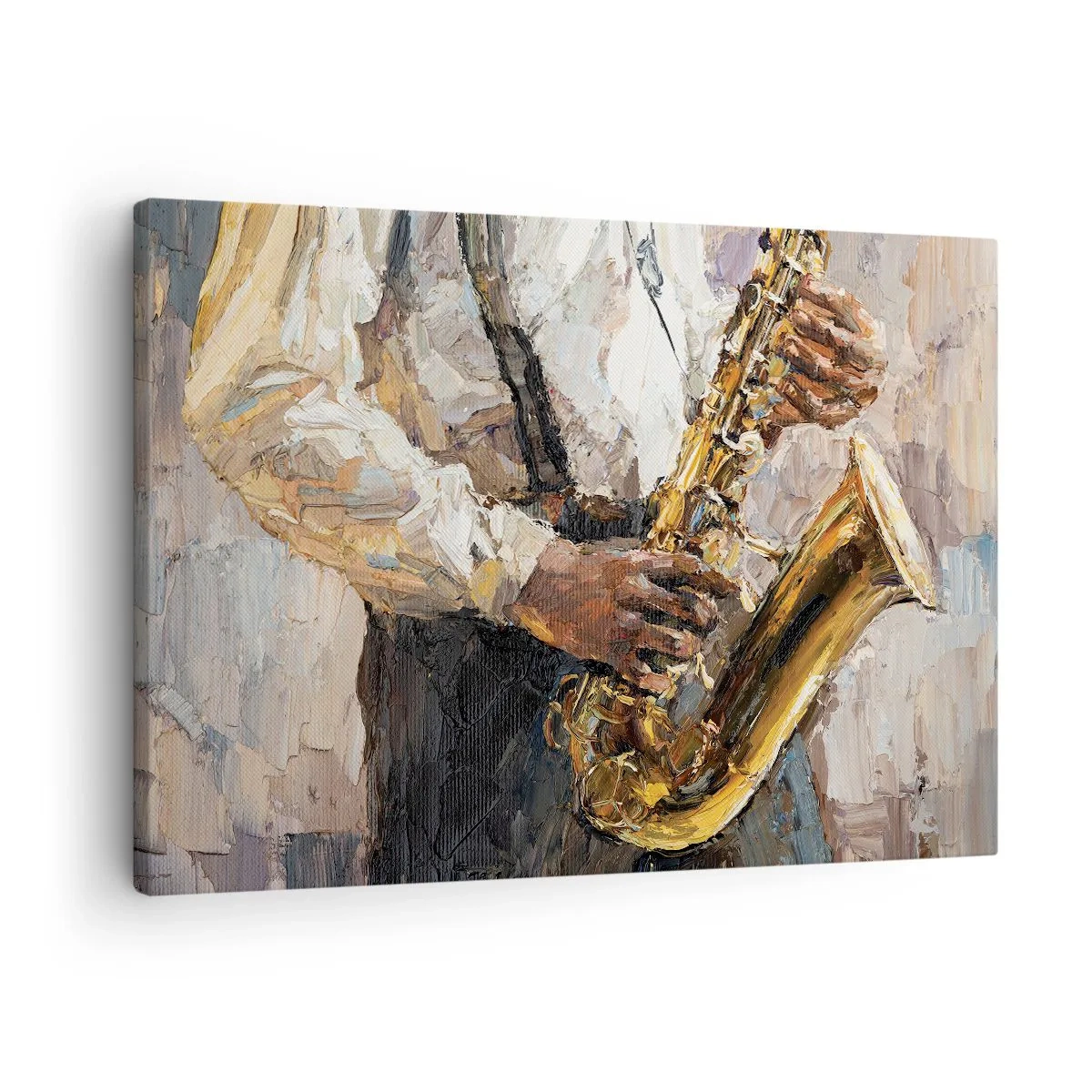 Cuadro sobre lienzo - Impresión de Imagen - Un músico tocando el saxofón con un estilo artístico. - 70x50cm - Llegó el momento del solo - Decoración de pared moderna para salón y dormitorio ARTTOR