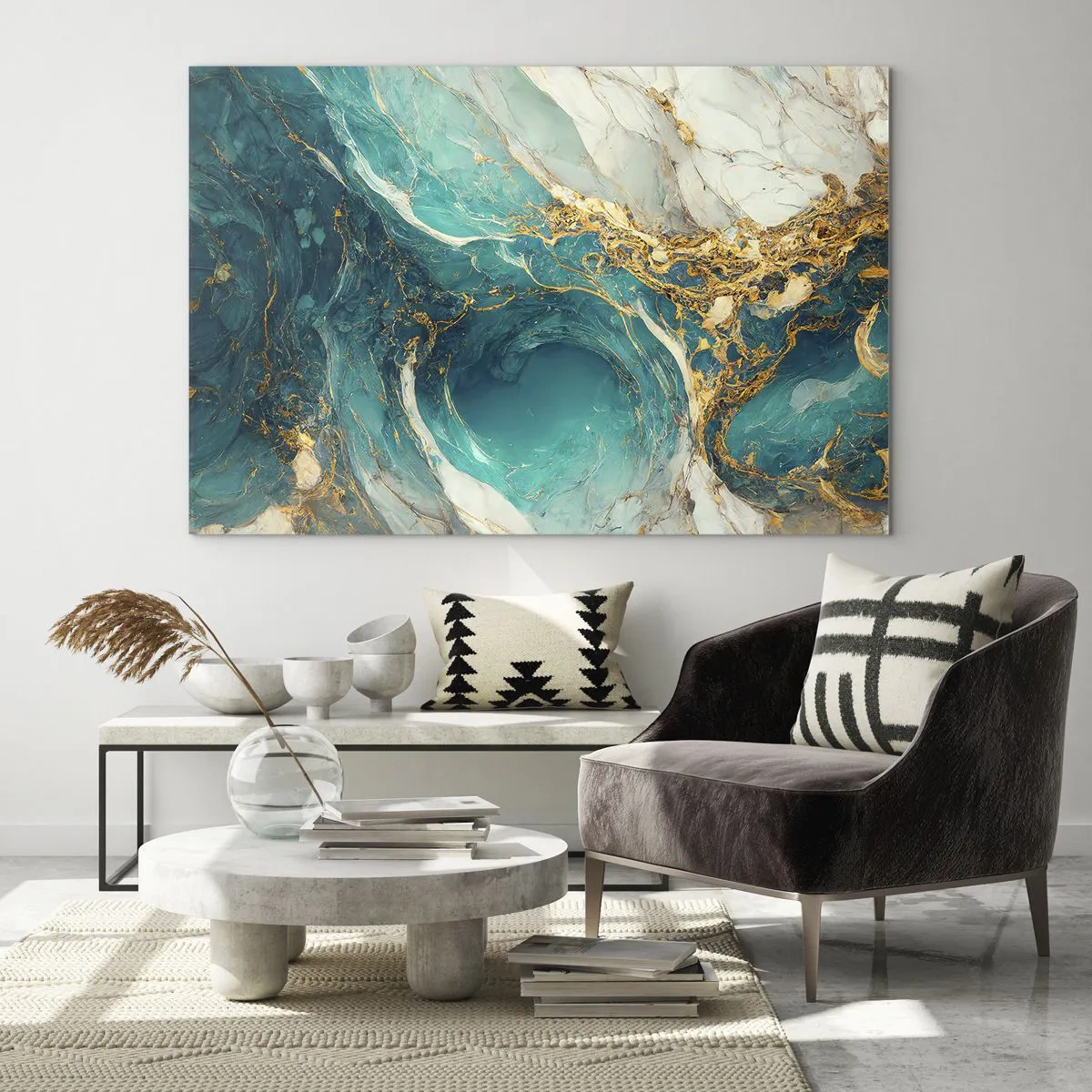 Cuadro sobre vidrio - Impresiones sobre Vidrio - Composición abstracta con vetas turquesas y doradas. - 70x50cm - Composición con vetas de oro - Decoración de pared moderna para salón y dormitorio ARTTOR