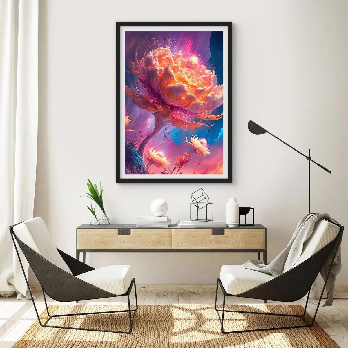Póster en marco negro - Un árbol fantástico en forma de flor floreciente. - 50x70cm - Otro mundo - Decoración de pared moderna para salón y dormitorio ARTTOR