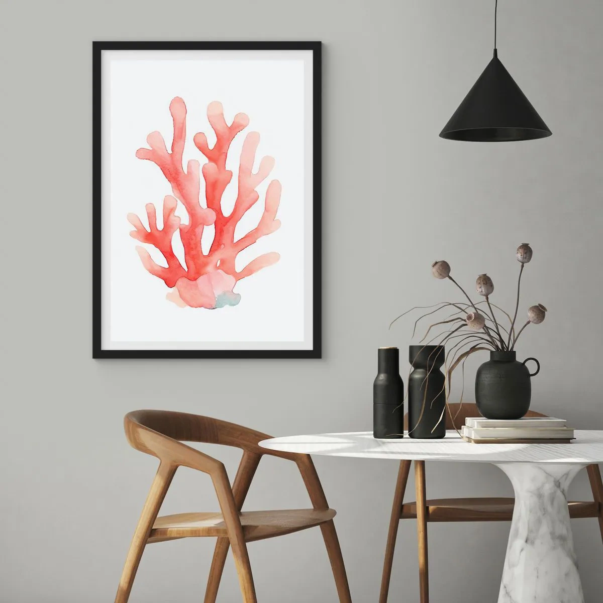 Póster en marco negro - Ilustración de acuarela de coral rojo sobre fondo blanco. - 50x70cm - La hermosura del color coral - Decoración de pared moderna para salón y dormitorio ARTTOR