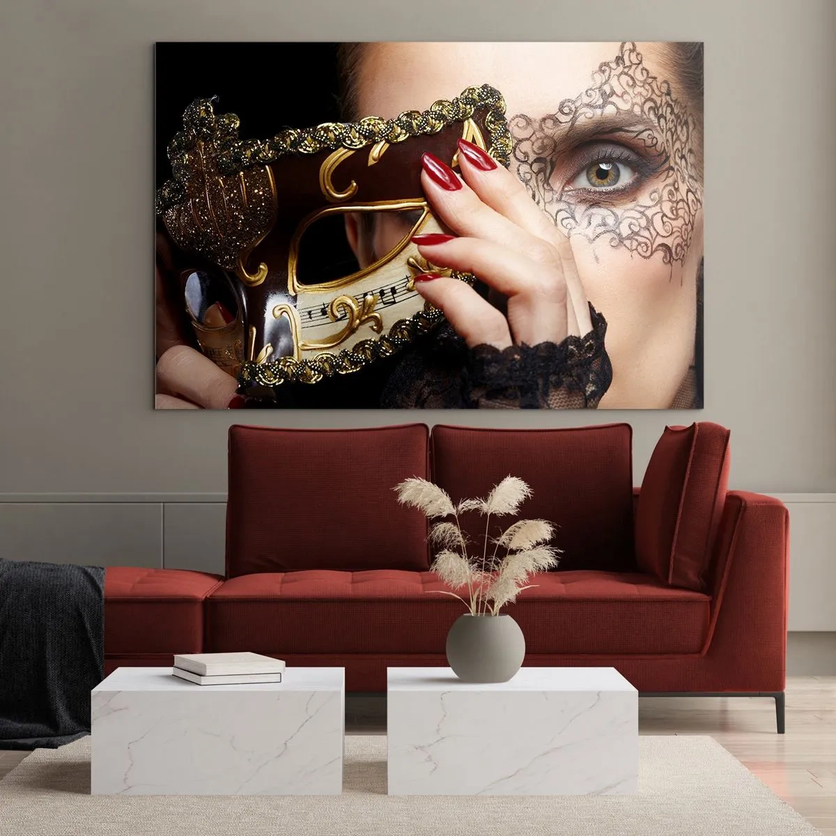 Cuadro sobre vidrio - Impresiones sobre Vidrio - Una máscara veneciana dorada en el rostro de una mujer. - 70x50cm - Mi mundo es barroco - Decoración de pared moderna para salón y dormitorio ARTTOR