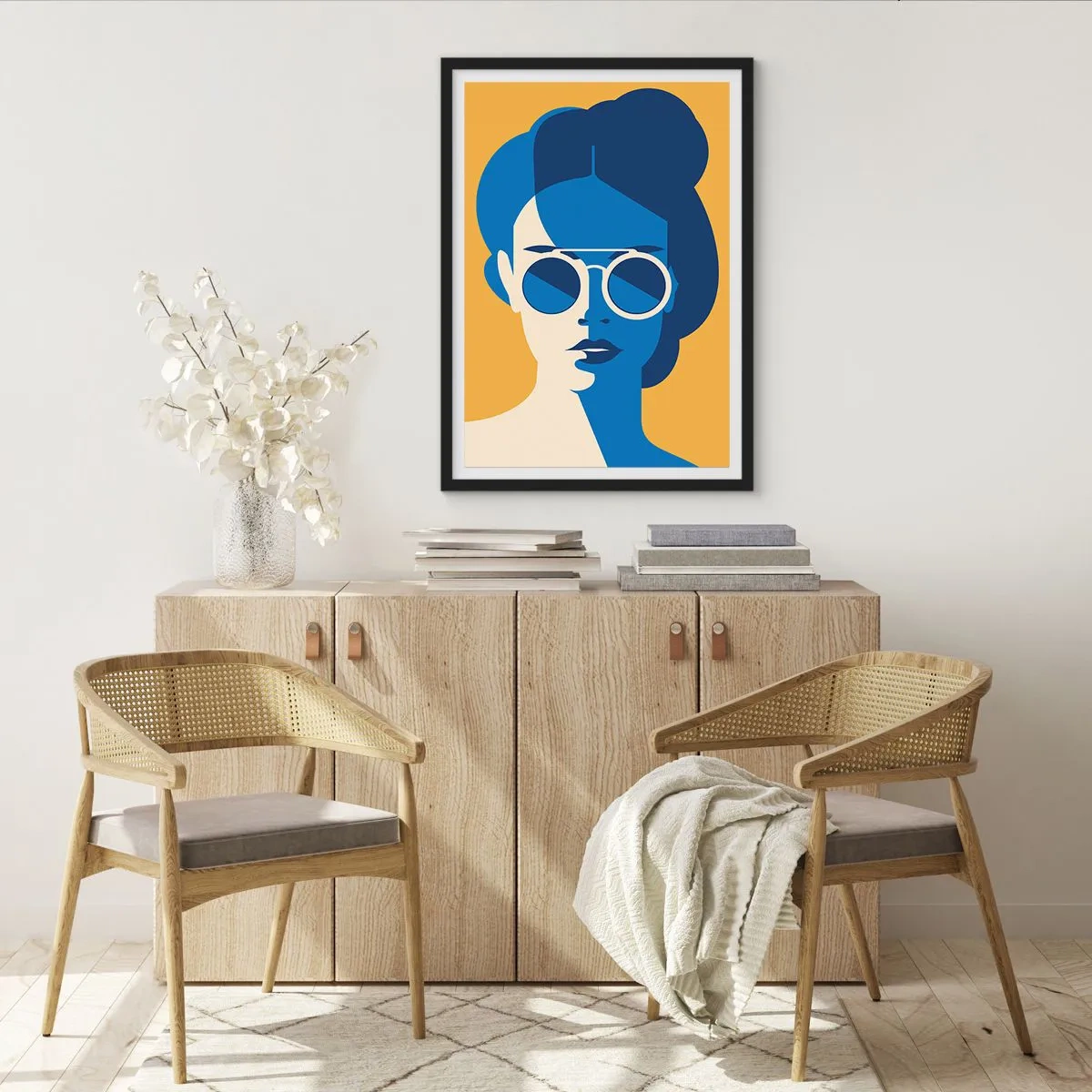 Póster en marco negro - Retrato abstracto de una mujer con gafas de sol - 50x70cm - Mirada de vacaciones - Decoración de pared moderna para salón y dormitorio ARTTOR