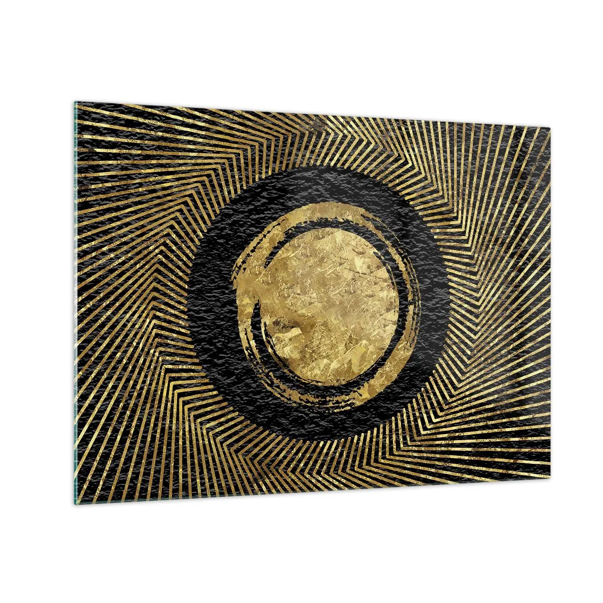 Cuadro sobre vidrio - Impresiones sobre Vidrio - Círculo dorado con rayos sobre fondo negro en un estilo glamoroso. - 70x50cm - Composición glamour - Decoración de pared moderna para salón y dormitorio ARTTOR