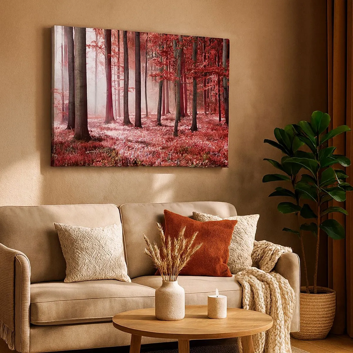 Cuadro sobre lienzo - Impresión de Imagen - Un impresionante bosque en tonos rojos con rayos de luz que penetran a través de los árboles. - 70x50cm - Rojo como el que más - Decoración de pared moderna para salón y dormitorio ARTTOR