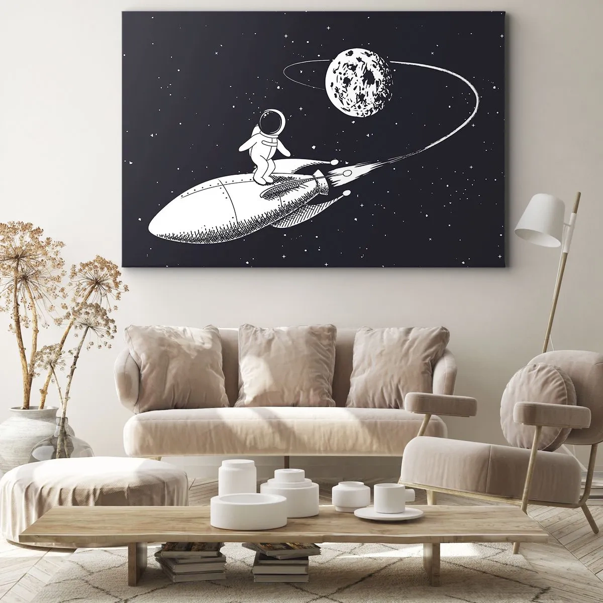 Cuadro sobre lienzo - Impresión de Imagen - Astronauta en un cohete en el espacio - 70x50cm - Surfista espacial - Decoración de pared moderna para salón y dormitorio ARTTOR