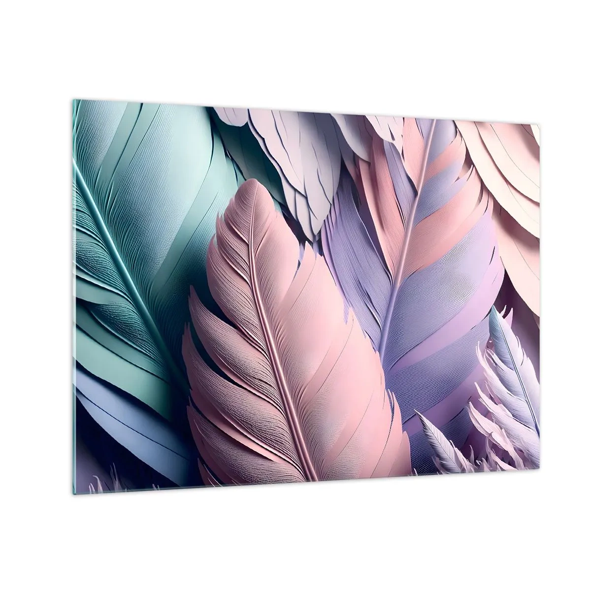Cuadro sobre vidrio - Impresiones sobre Vidrio - Plumas pastel en tonos rosa, morado y turquesa. - 70x50cm - Pájaro chic - Decoración de pared moderna para salón y dormitorio ARTTOR