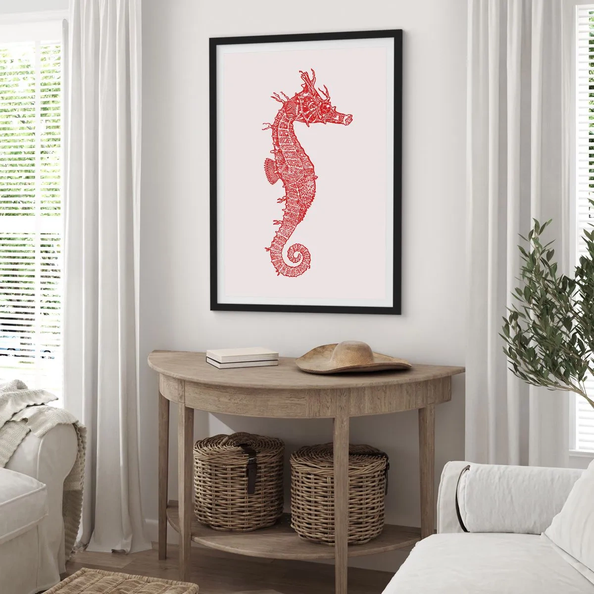 Póster en marco negro - Caballito de mar steampunk rojo sobre un fondo claro - 50x70cm - Una intrincada creación - Decoración de pared moderna para salón y dormitorio ARTTOR