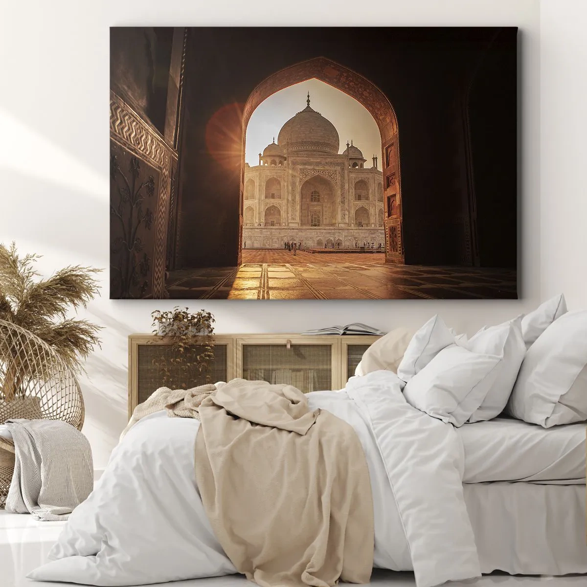 Cuadro sobre lienzo - Impresión de Imagen - Taj Mahal a la luz del sol visto desde el arco de la puerta - 70x50cm - Un monumento al amor sobrenatural - Decoración de pared moderna para salón y dormitorio ARTTOR