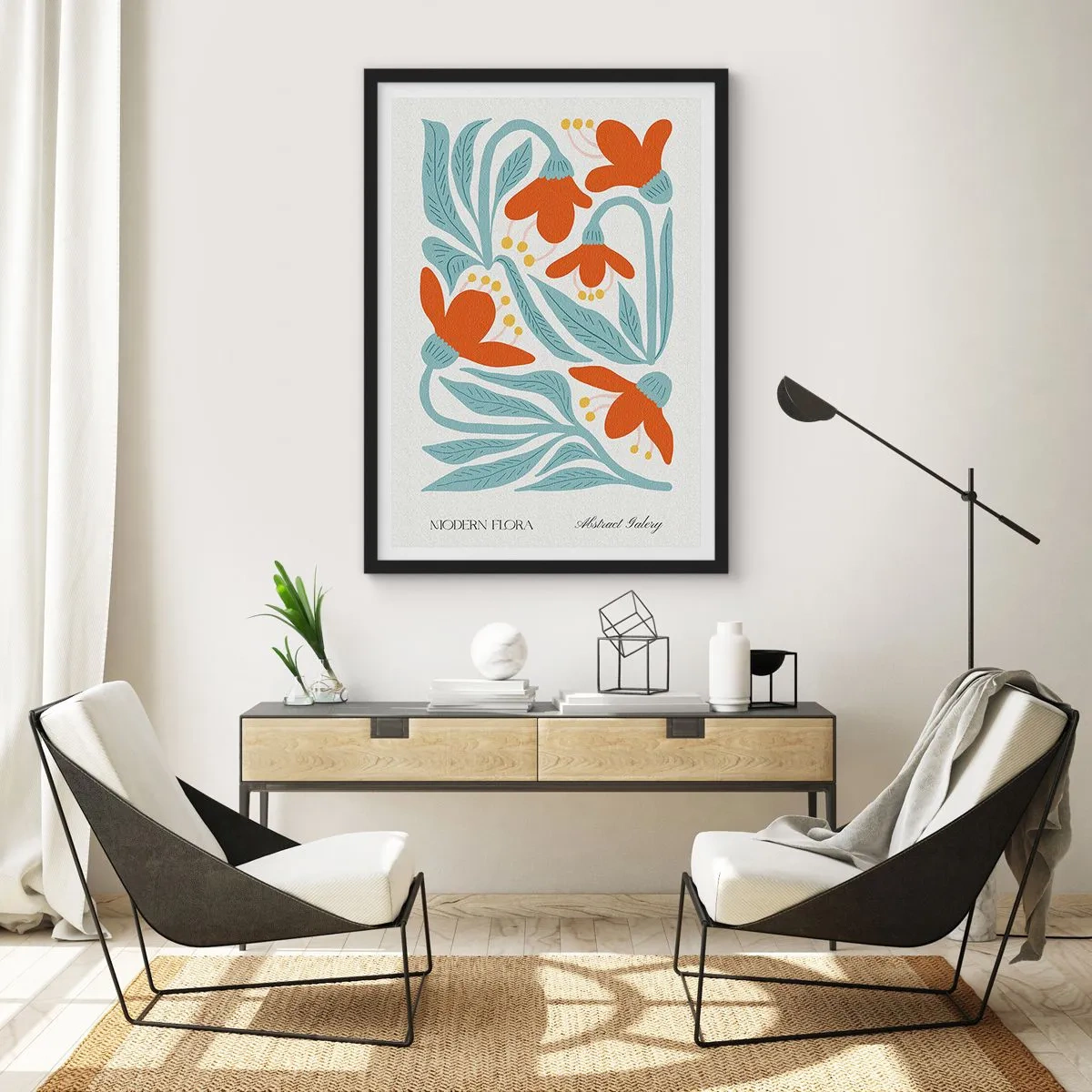 Póster en marco negro - Flores decorativas en tonos naranja y azul. - 50x70cm - Hacia la tierra, hacia el sol - Decoración de pared moderna para salón y dormitorio ARTTOR