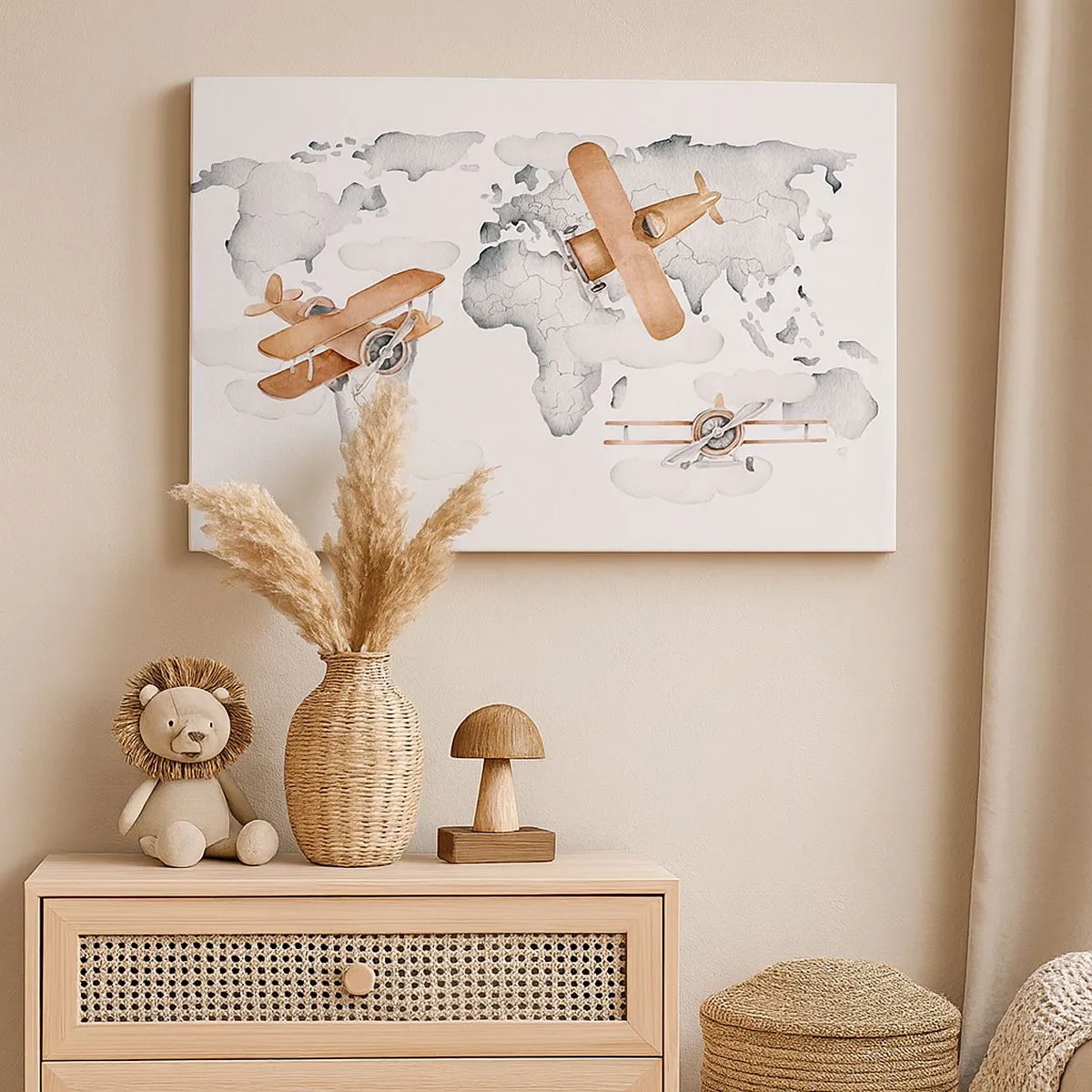 Cuadro sobre lienzo - Impresión de Imagen - Ilustración de un mapa del mundo con aviones - 70x50cm - Con espíritu pionero - Decoración de pared moderna para salón y dormitorio ARTTOR