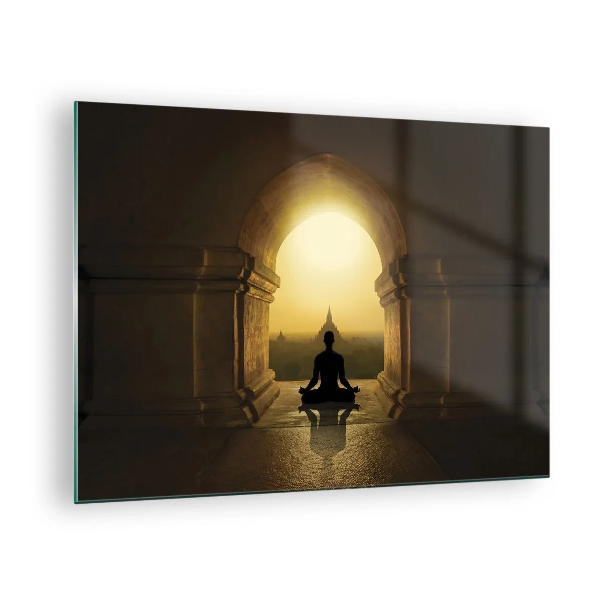 Cuadro sobre vidrio - Impresiones sobre Vidrio - Silueta de una persona meditando a la luz del sol poniente en un arco arquitectónico. - 70x50cm - Armonía total - Decoración de pared moderna para salón y dormitorio ARTTOR