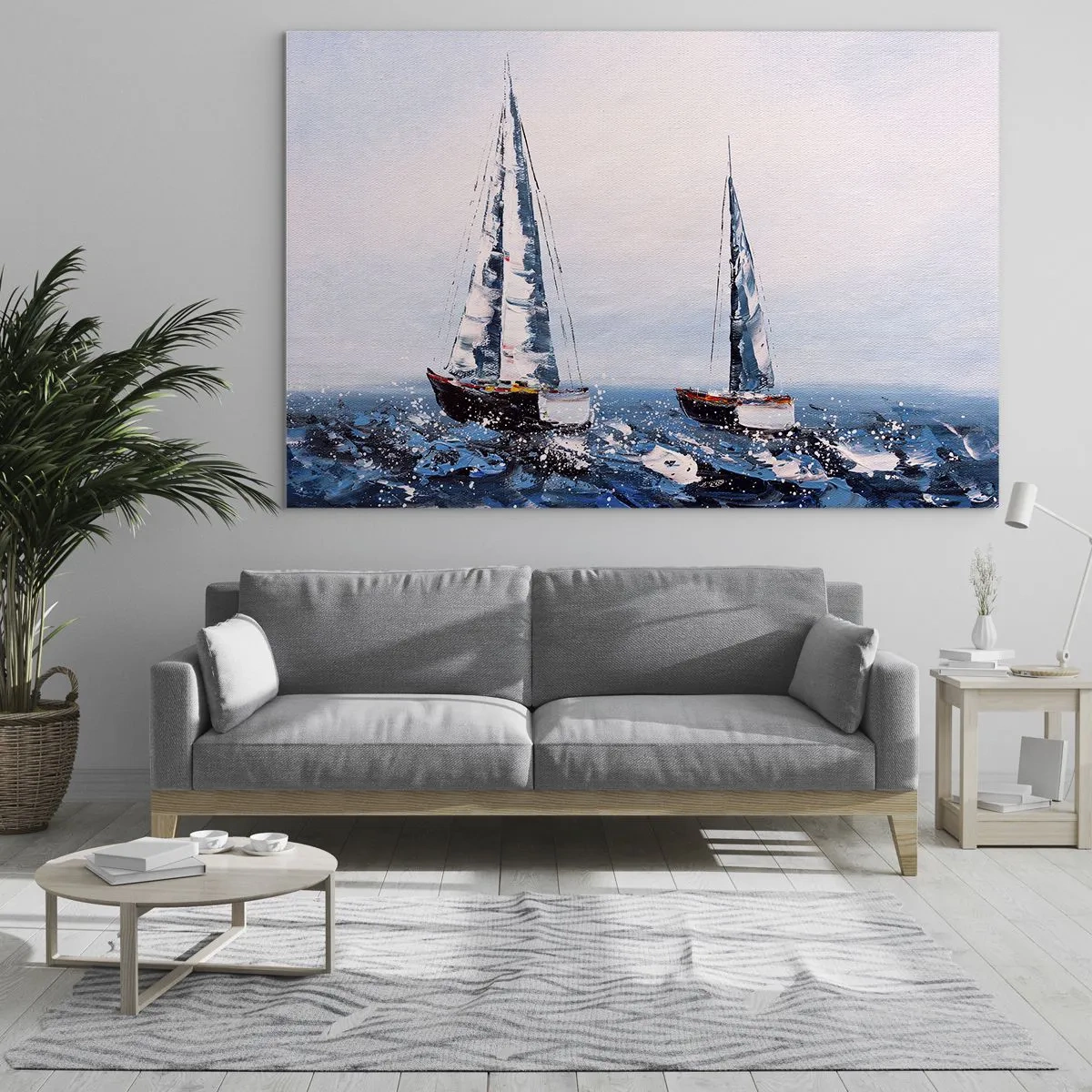 Cuadro sobre vidrio - Impresiones sobre Vidrio - Dos yates en un mar tempestuoso en un estilo pictórico impresionista. - 70x50cm - Hermandad del viento - Decoración de pared moderna para salón y dormitorio ARTTOR