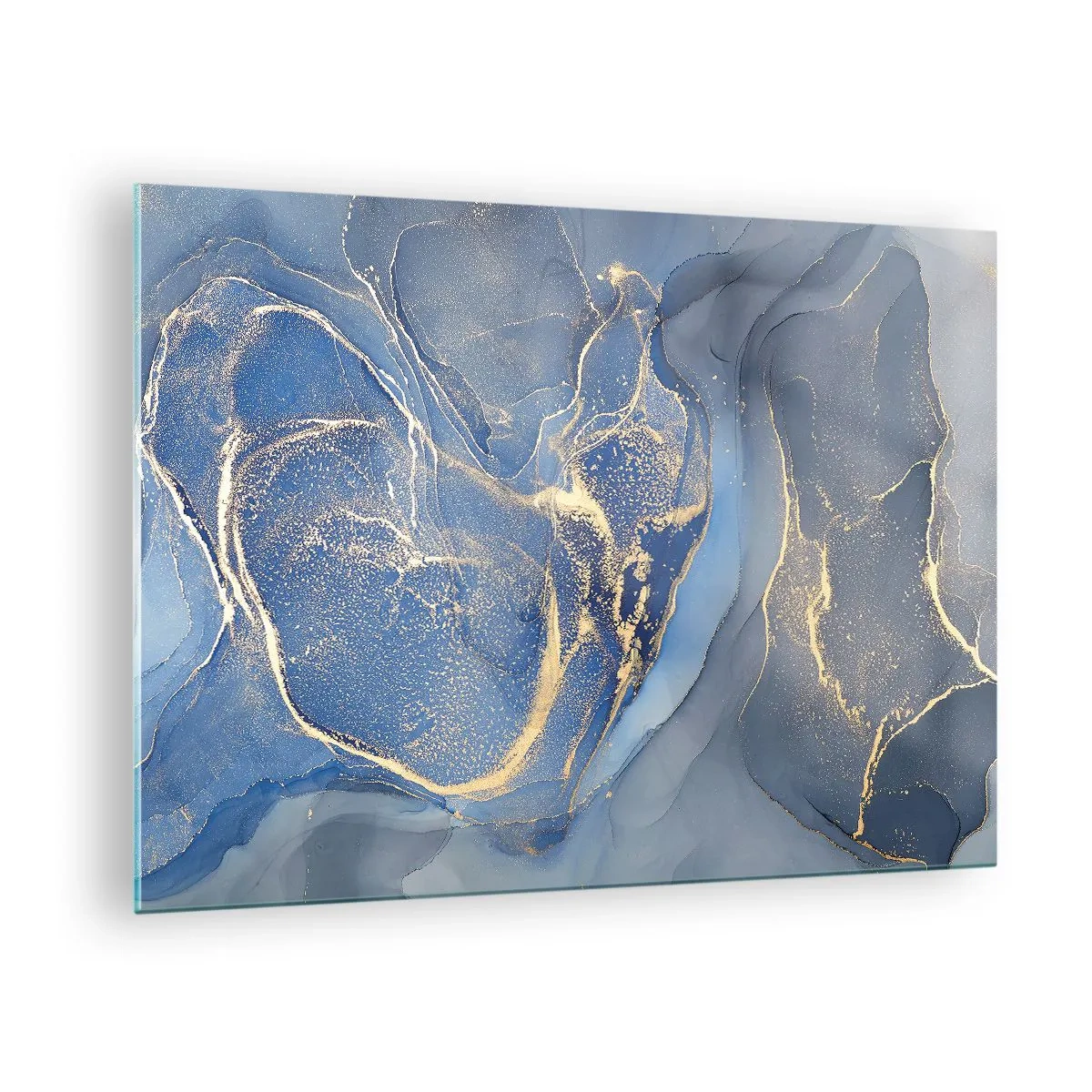Cuadro sobre vidrio - Impresiones sobre Vidrio - Una composición abstracta en tonos azul marino y dorado. - 70x50cm - Polvo de oro - Decoración de pared moderna para salón y dormitorio ARTTOR