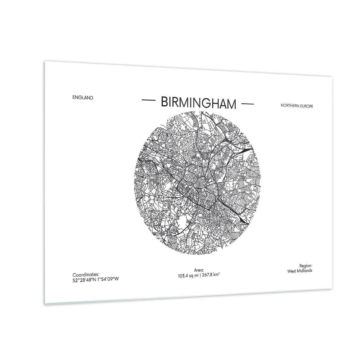 Cuadro sobre vidrio - Impresiones sobre Vidrio - Mapa en blanco y negro de Birmingham en un estilo gráfico moderno - 70x50cm - Anatomía de Birmingham - Decoración de pared moderna para salón y dormitorio ARTTOR