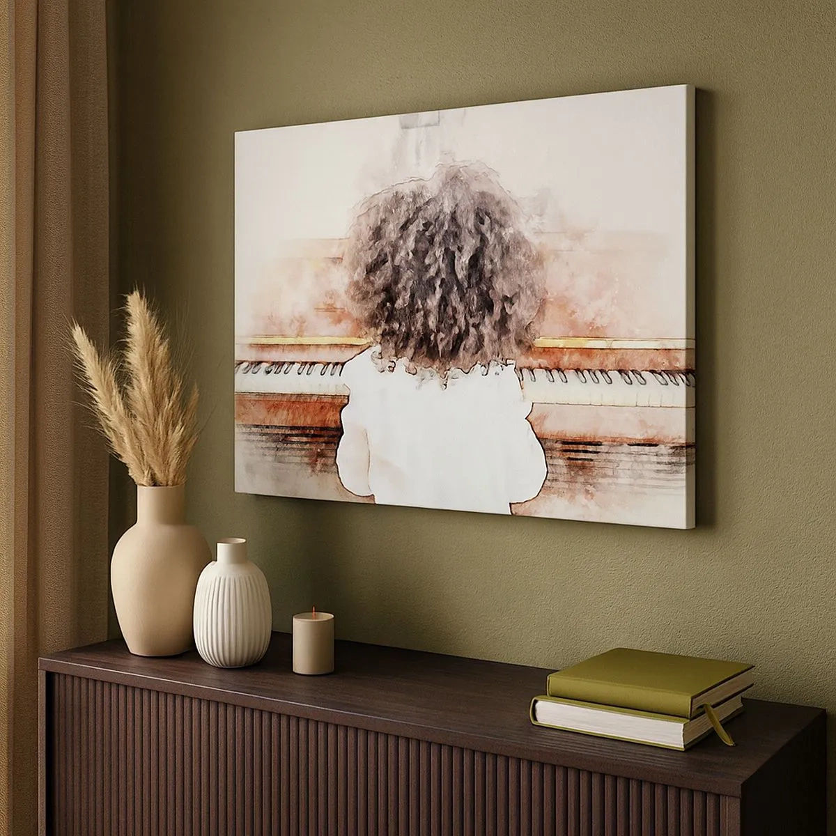Cuadro sobre lienzo - Impresión de Imagen - Una chica con cabello tupido al piano - 70x50cm - Descubriendo un mundo nuevo - Decoración de pared moderna para salón y dormitorio ARTTOR