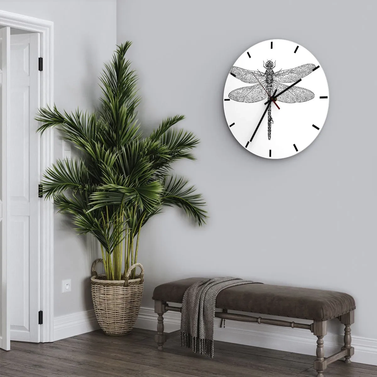 Reloj de pared - Reloj de vidrio - Ilustración detallada de una libélula en negro sobre fondo blanco. - 30x30cm - Precisión de la naturaleza - Decoración de pared moderna para salón, cocina y dormitorio ARTTOR