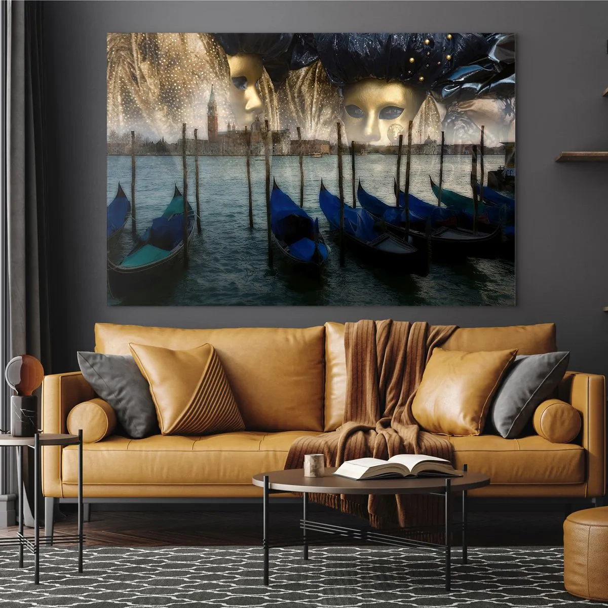 Cuadro sobre vidrio - Impresiones sobre Vidrio - Venecia con góndolas y máscaras de carnaval - 70x50cm - El tiempo de carnaval ha comenzado - Decoración de pared moderna para salón y dormitorio ARTTOR