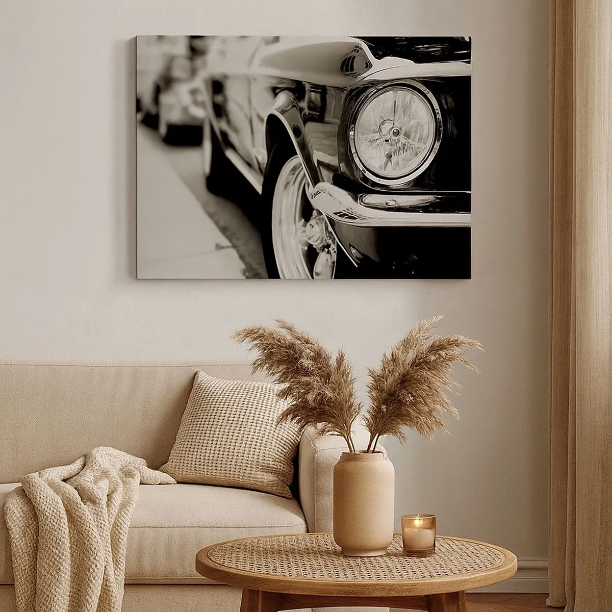 Cuadro sobre lienzo - Impresión de Imagen - Un coche clásico icónico en elegante blanco y negro. - 70x50cm - Brillo perdurable - Decoración de pared moderna para salón y dormitorio ARTTOR