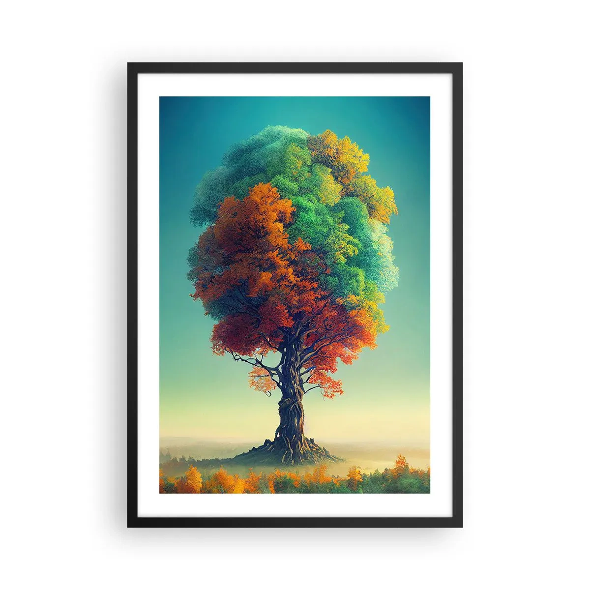 Póster en marco negro - Un árbol con los colores de las cuatro estaciones. - 50x70cm - El roble, padre de la naturaleza - Decoración de pared moderna para salón y dormitorio ARTTOR