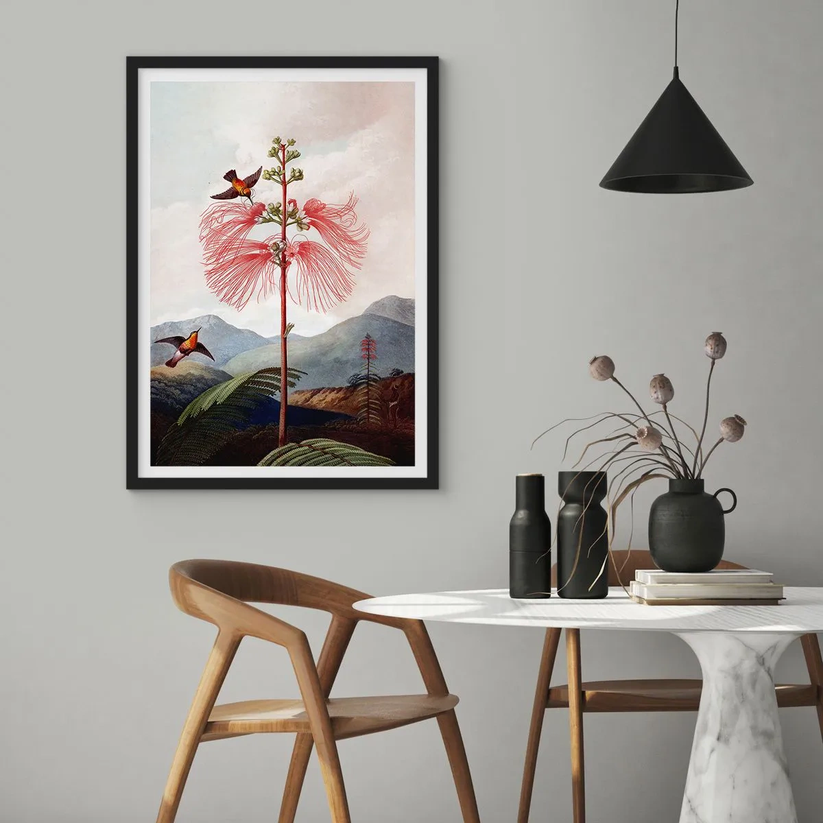 Póster en marco negro - Flor exótica con colibríes entre las montañas. - 50x70cm - En un paraíso tropical - Decoración de pared moderna para salón y dormitorio ARTTOR