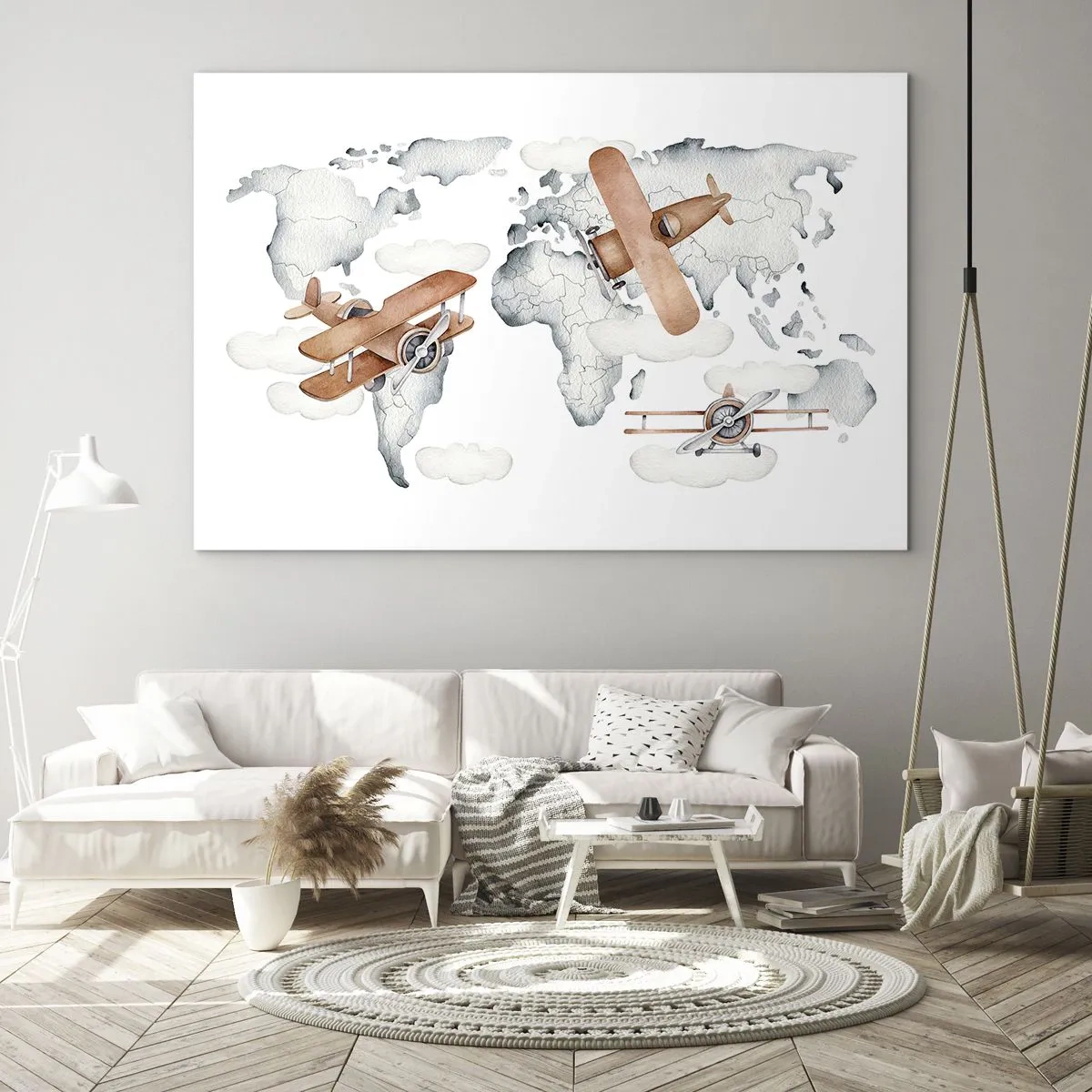 Cuadro sobre vidrio - Impresiones sobre Vidrio - Mapa del mundo de aviones retro para niños - 70x50cm - Con espíritu pionero - Decoración de pared moderna para salón y dormitorio ARTTOR